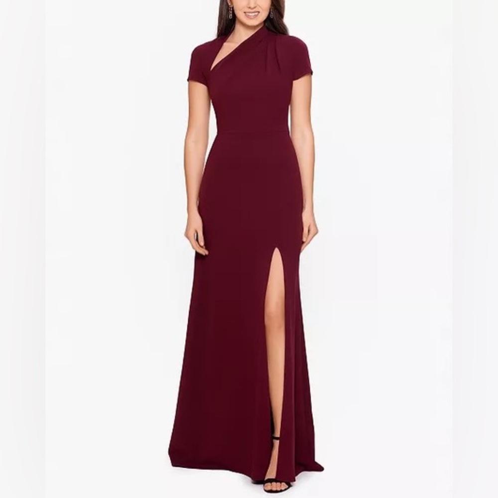NWT Betsy &‎ Adam Burgundy Short Sleeve Asymmetrical Thigh Slit Gown | Size 14